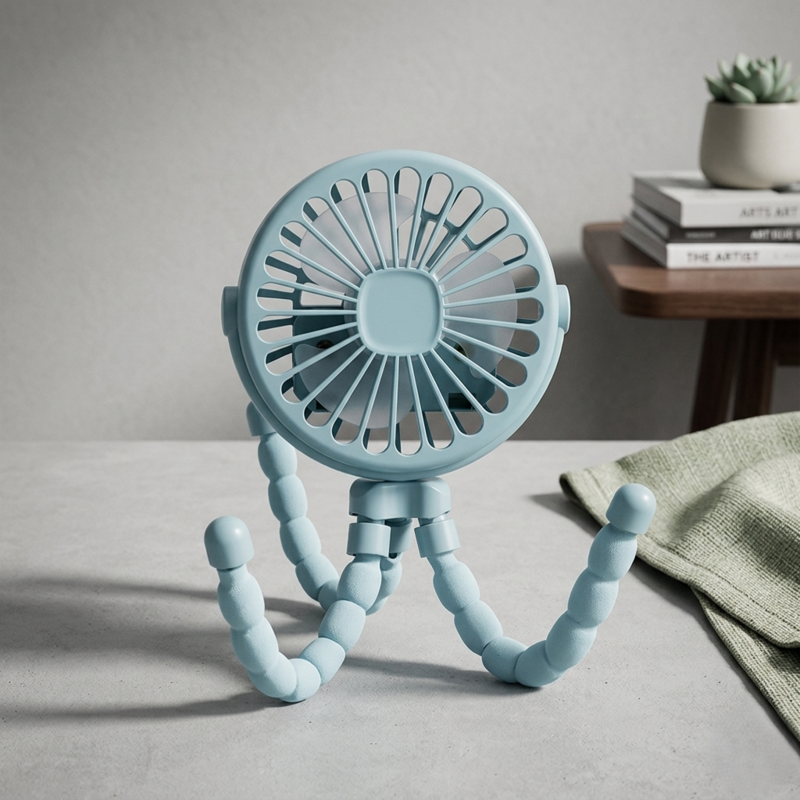RetailArk portable mini fan in a light blue color with adjustable flexible legs, placed on a desk next to a book and a small plant.