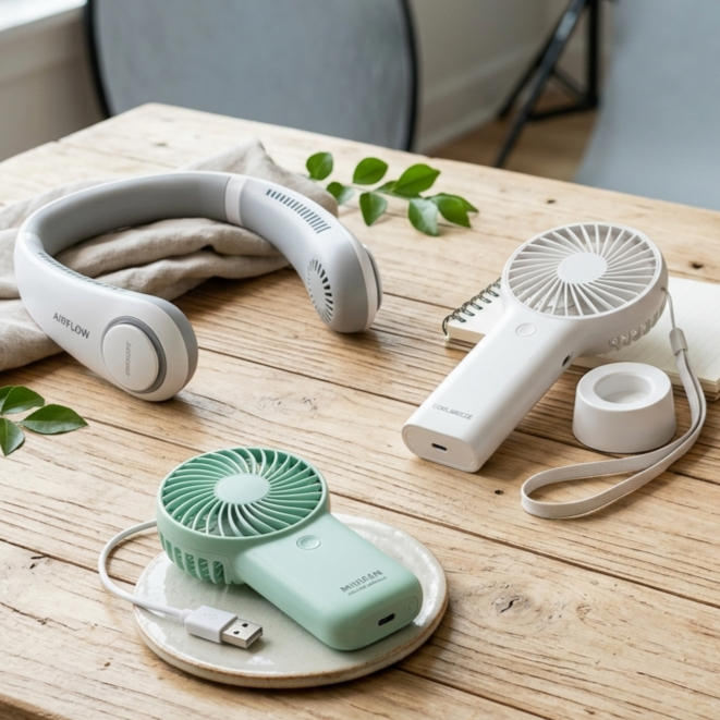 A collage showcasing the 2026 portable fan collection, featuring a bladeless neck fan, a clip-on baby stroller fan, and a rechargeable handheld mini fan in trendy summer colors