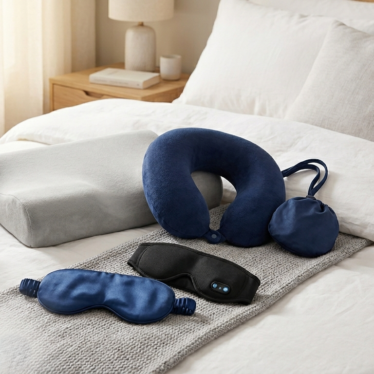 A collection of sleep essentials including an ergonomic cervical neck pillow, a silk sleep mask, and a Bluetooth eye mask.