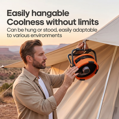 Man hanging a RetailArk 6-in-1 camping fan in a desert tent environment to show portability and hook design.
