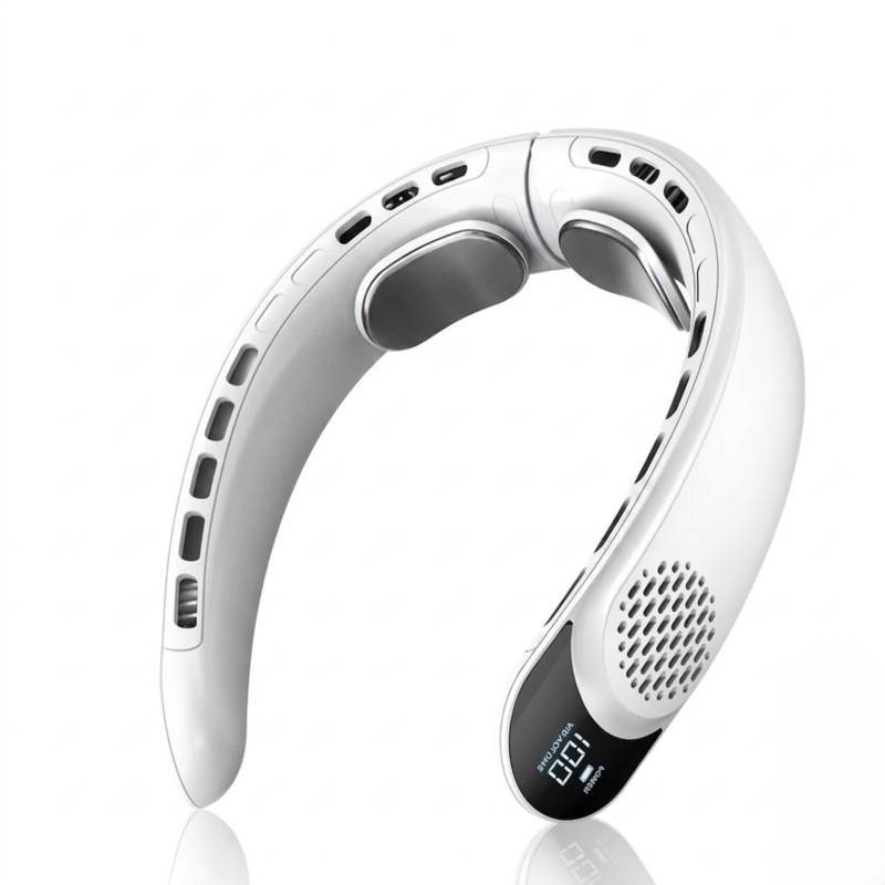 Crisp white bladeless neck fan showing sleek clinical design and high-capacity battery power indicator.
