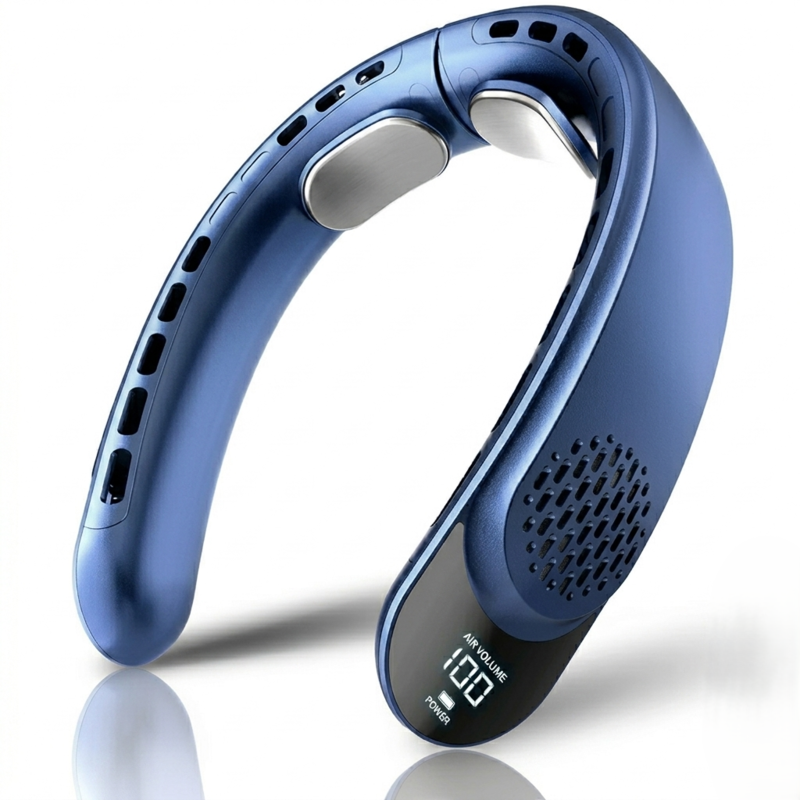 Navy blue hands-free neck fan with super strong wind technology and 3-gear adjustable speeds.