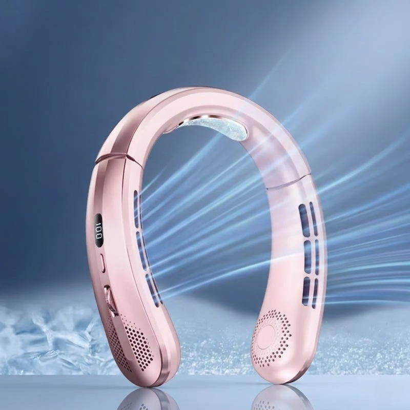 A rose gold portable bladeless neck fan with blue cooling air streams on a soft aesthetic background.