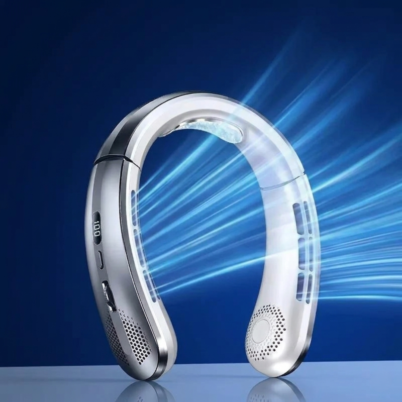 Silver rechargeable hanging neck fan showcasing a hands-free personal air cooling design.