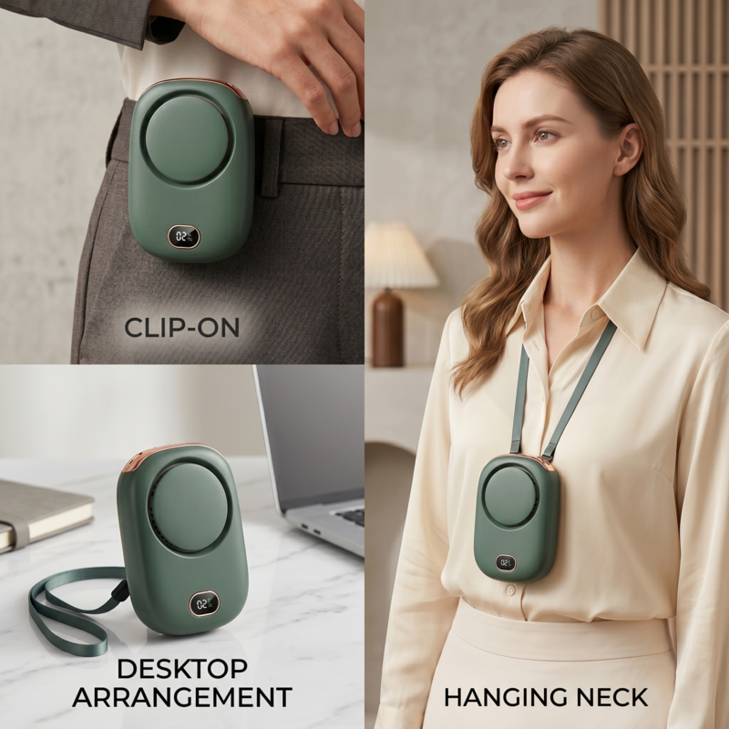 Demonstration of RetailArk fan used as a waist clip-on fan, a desktop fan with kickstand, and a hanging neck fan.