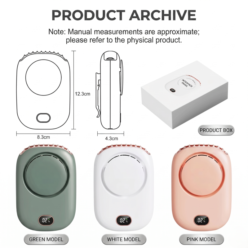 Technical drawing showing RetailArk neck fan dimensions (123mm height) and product packaging box.