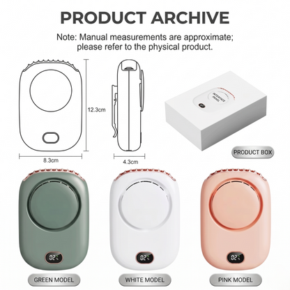 Technical drawing showing RetailArk neck fan dimensions (123mm height) and product packaging box.