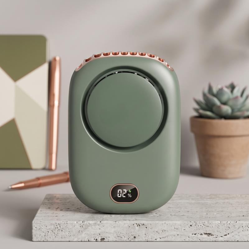 Close-up of the RetailArk sage green neck fan on a stone pedestal with desk accessories.