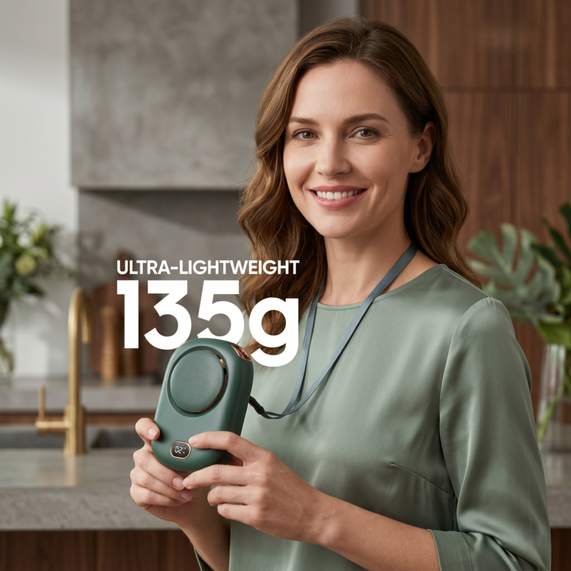 Woman wearing the lightweight 135-gram RetailArk fan around her neck to demonstrate portability.