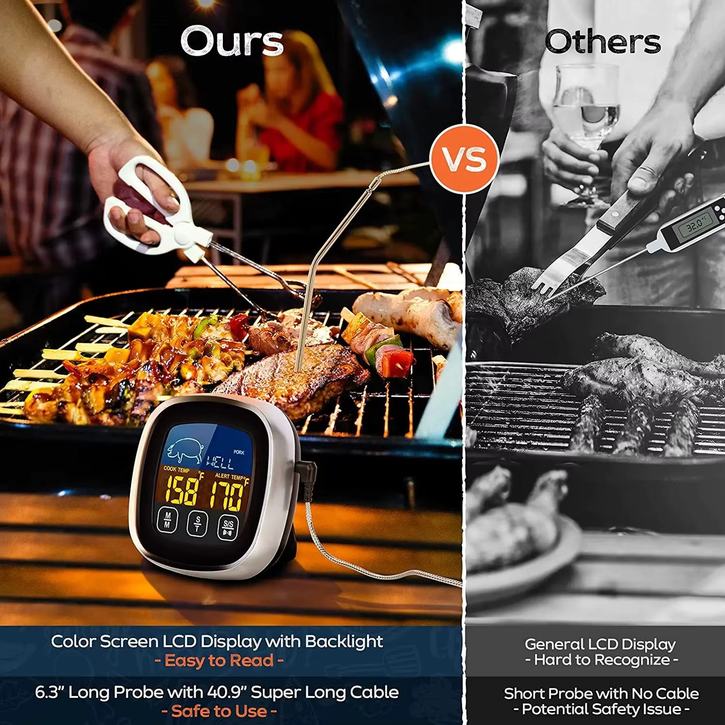 Digital Meat Thermometer for Cooking | Instant Read Steak & Food Thermometer | Waterproof Stainless Steel Probe for BBQ, Oven & Grill