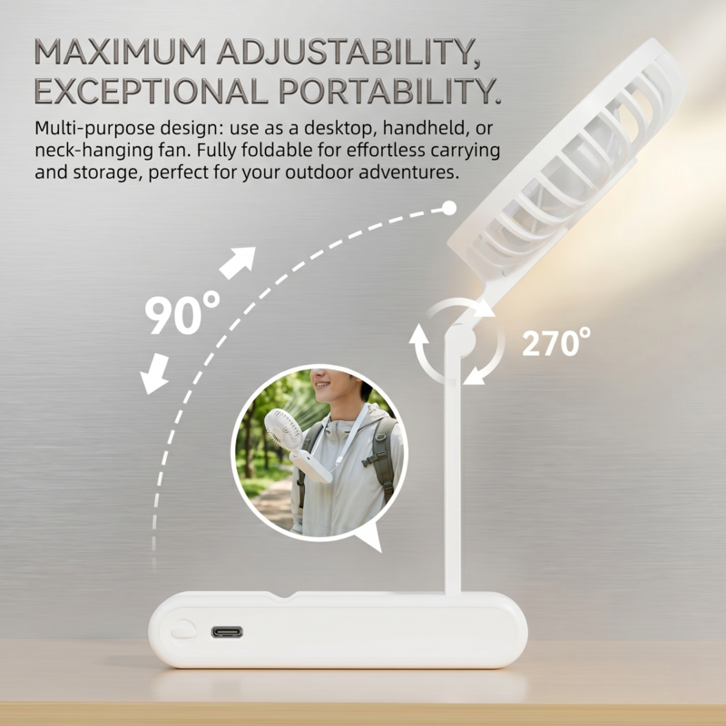 Technical view showing the 90-degree and 270-degree folding capability of the RetailArk mini fan for maximum portability and storage.