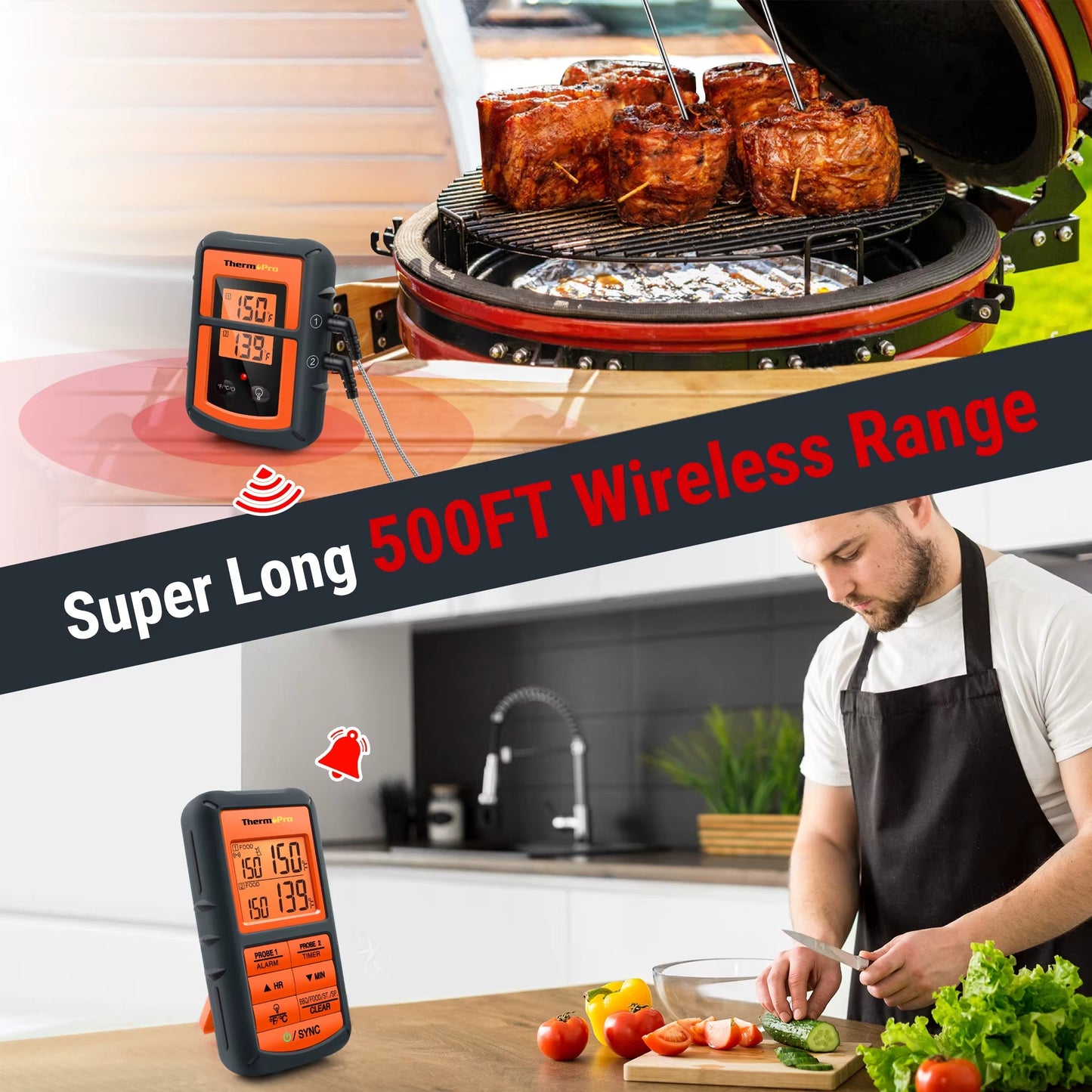 TP08C Wireless Meat Thermometer | Dual Probe Digital BBQ Thermometer | 500ft Long Range | Professional Food Thermometer for Grilling, Smoking & Kitchen Cooking