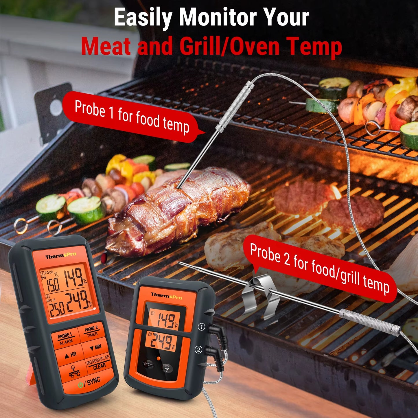 TP08C Wireless Meat Thermometer | Dual Probe Digital BBQ Thermometer | 500ft Long Range | Professional Food Thermometer for Grilling, Smoking & Kitchen Cooking