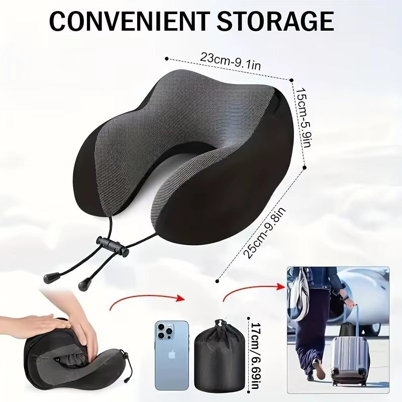 Memory Foam Hooded Travel Pillow | U-Shaped Neck Pillow for Airplane & Car | Ergonomic Neck Support for Pain Relief