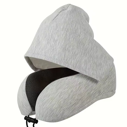 Memory Foam Hooded Travel Pillow | U-Shaped Neck Pillow for Airplane & Car | Ergonomic Neck Support for Pain Relief