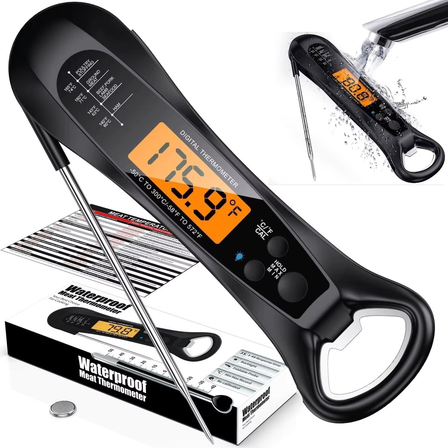 Instant Read Meat Thermometer for Cooking | Fast Digital Food Thermometer for Steak & BBQ | Kitchen Thermometer with Backlight & Calibration