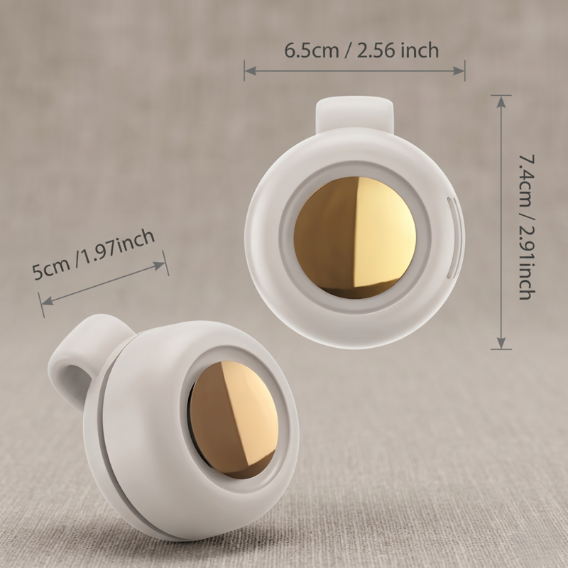 Product dimensions for the Mini Whirlwind portable fan showing its compact size of approximately 7.4cm by 6.5cm.