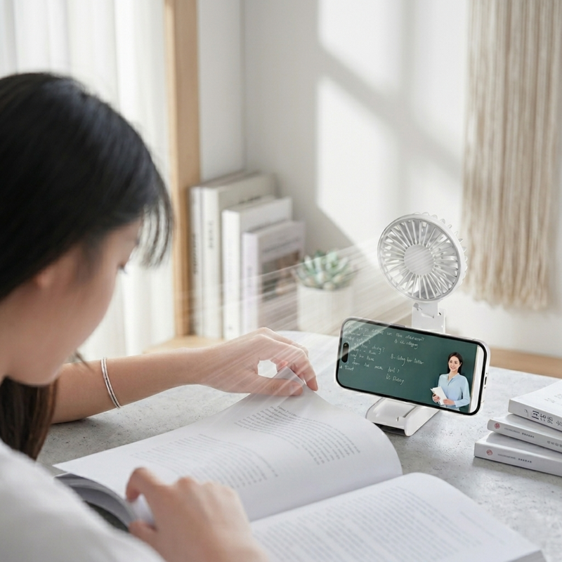 A student using the RetailArk foldable desk fan as a phone stand while reading, demonstrating its dual-purpose utility for hands-free video watching and cooling.