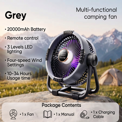 RetailArk high-capacity 20000mAh camping fan in Grey featuring 3 levels of LED lighting and remote control