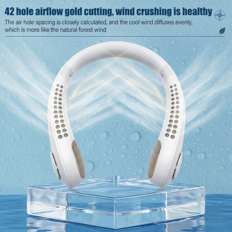 Close-up of the 42-hole airflow design on a white portable fan highlighting wind crushing technology for healthy cooling.