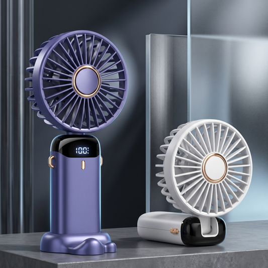 RetailArk USB handheld mini fan in purple and white, showing the 100% digital battery display and foldable desk-standing capability.