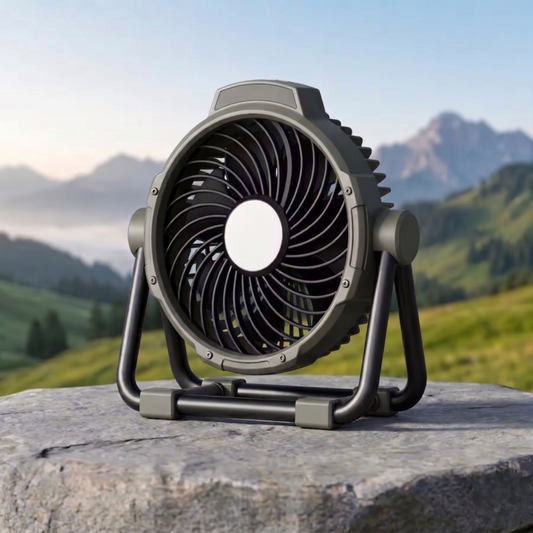 RetailArk 6-in-1 portable outdoor camping fan with 20000mAh rechargeable battery, sitting on a rock with a scenic mountain background.