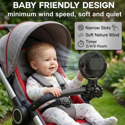 Close-up of the RetailArk fan showing a baby-friendly design with narrow safety slots, soft natural wind settings, and a built-in auto-off timer.