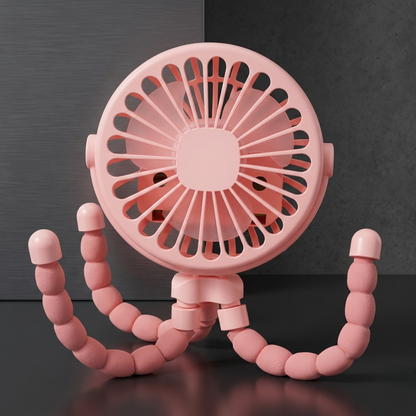 A pink RetailArk baby stroller fan featuring a flexible octopus tripod design, shown standing on its own on a dark surface.