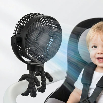 RetailArk black mini fan with flexible octopus tripod legs attached to a white stroller handle, cooling a smiling baby.