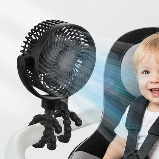 RetailArk black mini fan with flexible octopus tripod legs attached to a white stroller handle, cooling a smiling baby.