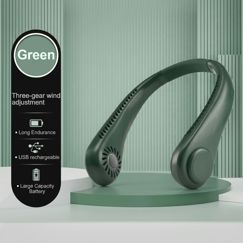 Dark green portable bladeless neck fan with 3-speed adjustment and USB charging, displayed on a modern clinical botanical pedestal.