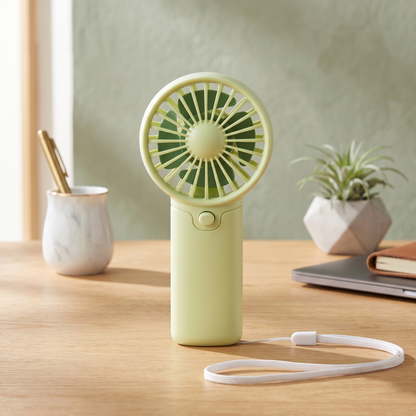 Retailark sage green cute portable fan standing on a wooden desk next to a plant and notebook.