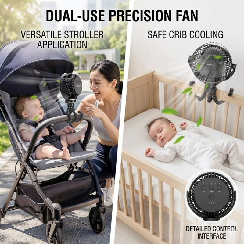 Side-by-side demonstration of the RetailArk precision fan used for versatile stroller cooling and safe crib attachment for sleeping infants.