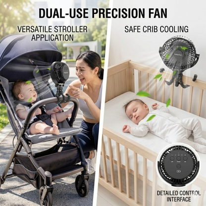Side-by-side demonstration of the RetailArk precision fan used for versatile stroller cooling and safe crib attachment for sleeping infants.