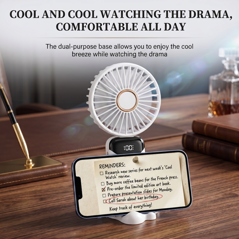 RetailArk handheld fan being used as a built-in phone stand on a desk for hands-free video watching.
