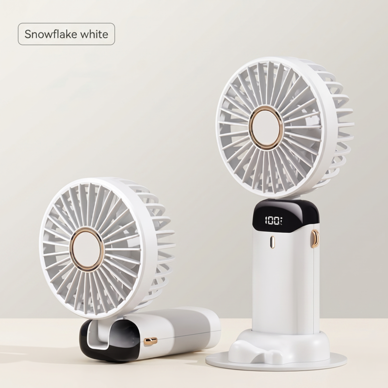 Snowflake white RetailArk foldable portable fan showing both standing and folded handheld positions.
