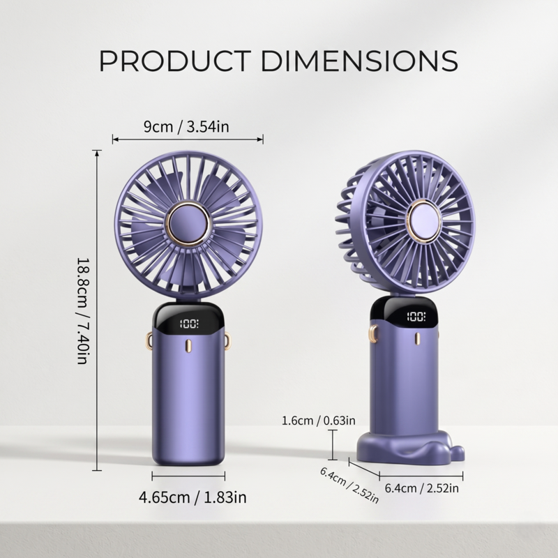 Technical diagram showing height and width dimensions of the RetailArk 5-speed foldable portable fan.