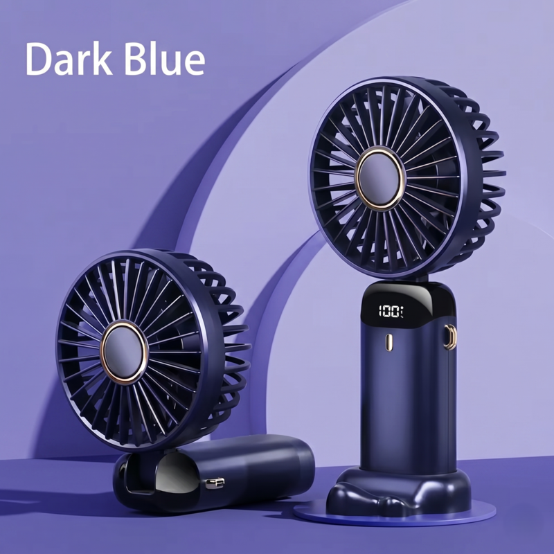 RetailArk USB handheld mini fan in Dark Blue, featuring a 5-speed rechargeable motor and digital display.