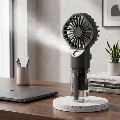 Black Retailark handheld mist fan with humidifier standing on a desk in an office setting.