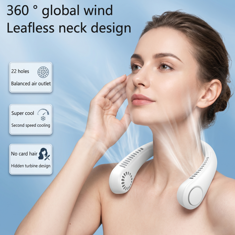Woman wearing a white leafless neck fan showing 360-degree global wind airflow for summer cooling.