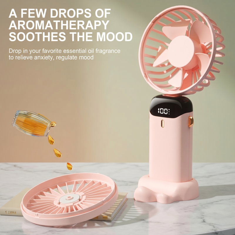 Close-up of the RetailArk fan's aromatherapy feature with essential oil drops for a soothing breeze.