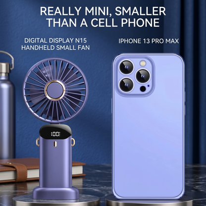 Size comparison of RetailArk mini fan showing it is smaller and more compact than a standard smartphone.