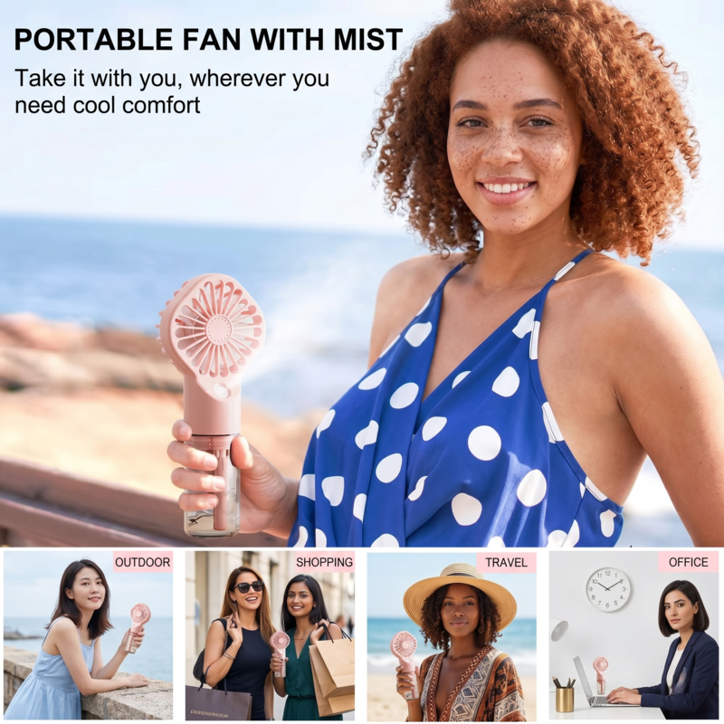 Woman holding a portable fan with mist feature by the ocean, with text highlighting its portability and cooling benefits.