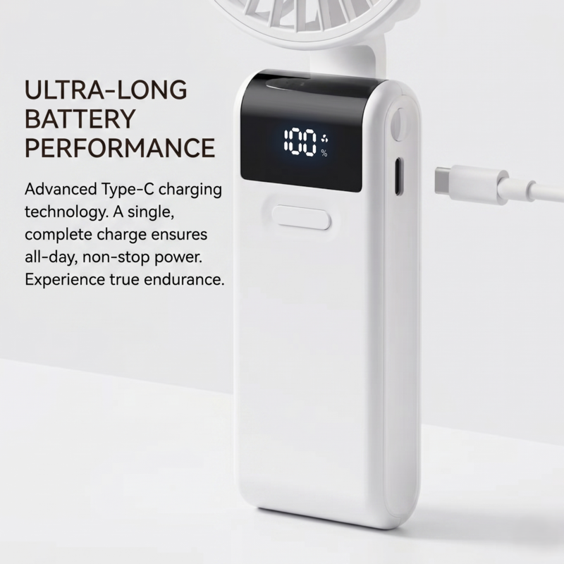 Close-up of the RetailArk portable fan showing the Type-C charging port and "Ultra-Long Battery Performance" text, highlighting all-day non-stop power.