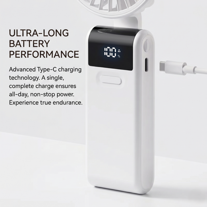 Close-up of the RetailArk portable fan showing the Type-C charging port and "Ultra-Long Battery Performance" text, highlighting all-day non-stop power.