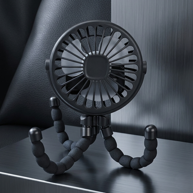 A sleek black RetailArk octopus-style fan with a built-in light, standing in a modern indoor setting with its flexible tripod legs extended.