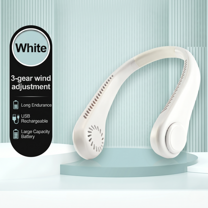 White mini neck mounted fan with 3-speed wind adjustment and USB rechargeable port on a clean clinical botanical background.