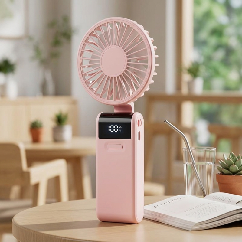 RetailArk foldable mini desk fans available in white , featuring a sleek modern design with digital power displays for home or office use.
