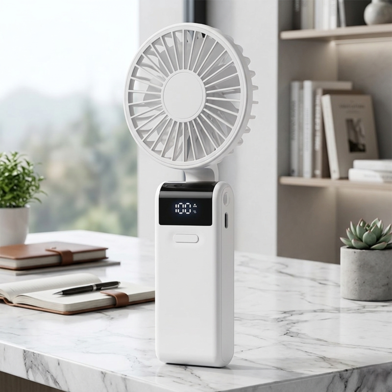 RetailArk foldable mini desk fans available in white , featuring a sleek modern design with digital power displays for home or office use.