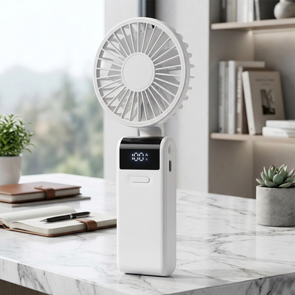 RetailArk foldable mini desk fans available in white , featuring a sleek modern design with digital power displays for home or office use.